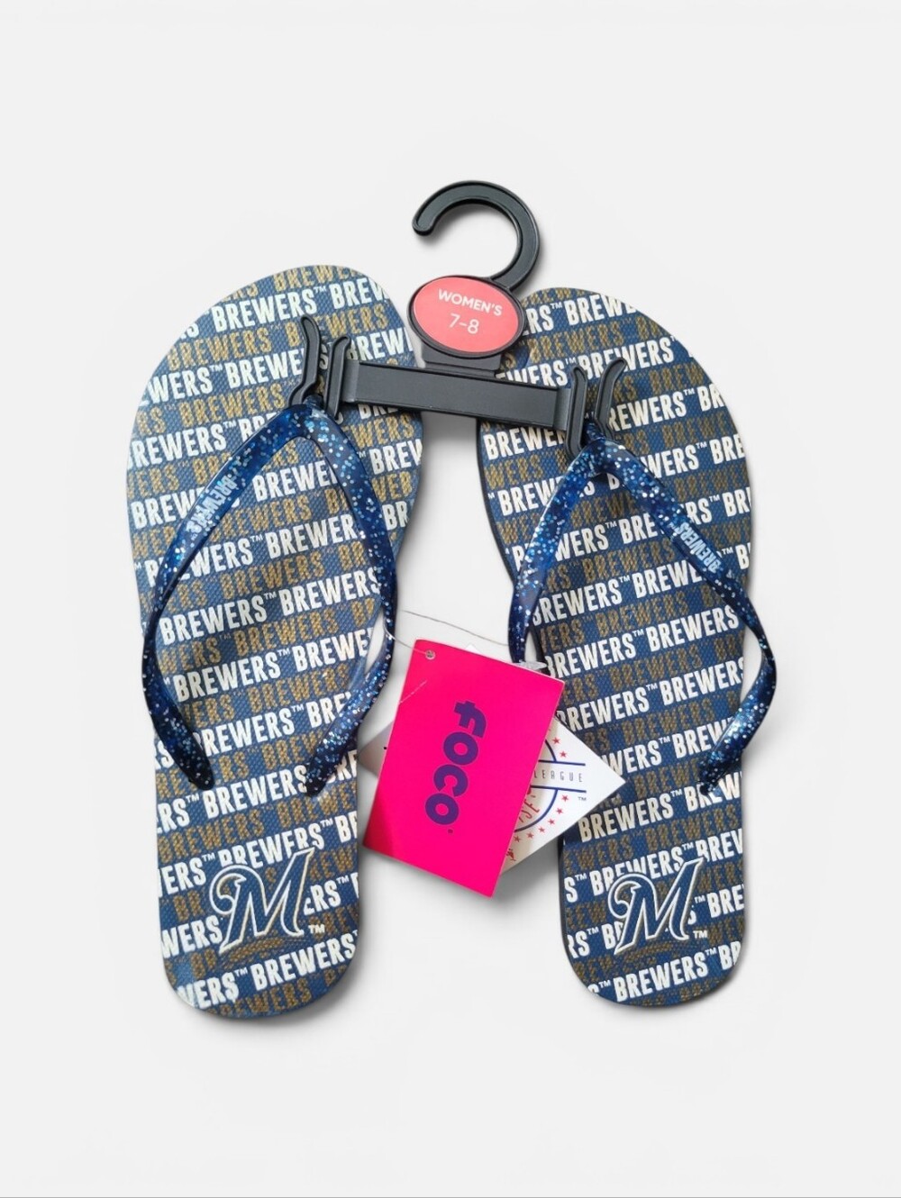 NWT Milwaukee Brewers Flip Flop Sandals Glitter Strap MLB Baseball Foco 7/8
